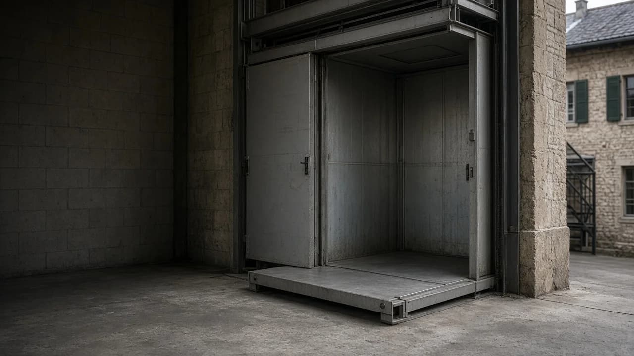 Teretni lift u magacinskom prostoru sa paletama — dekorativna pozadina bez natpisa